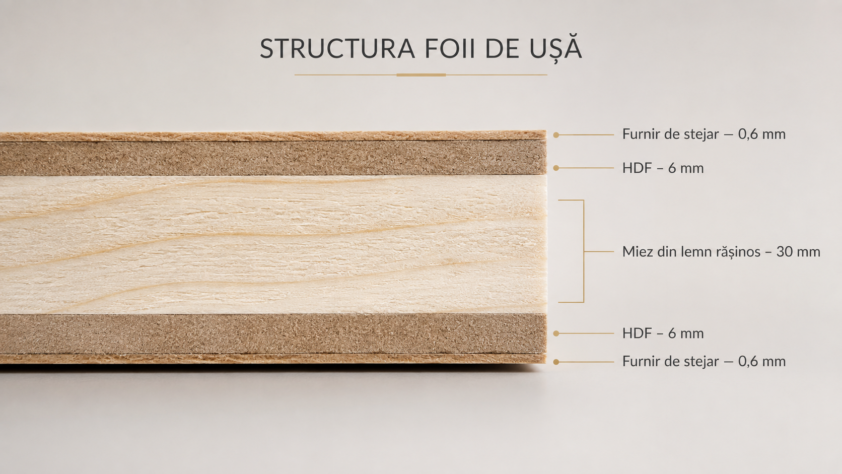 Structura foii de ușă PAL M.M.: furnir de stejar, HDF și miez din lemn rășinos