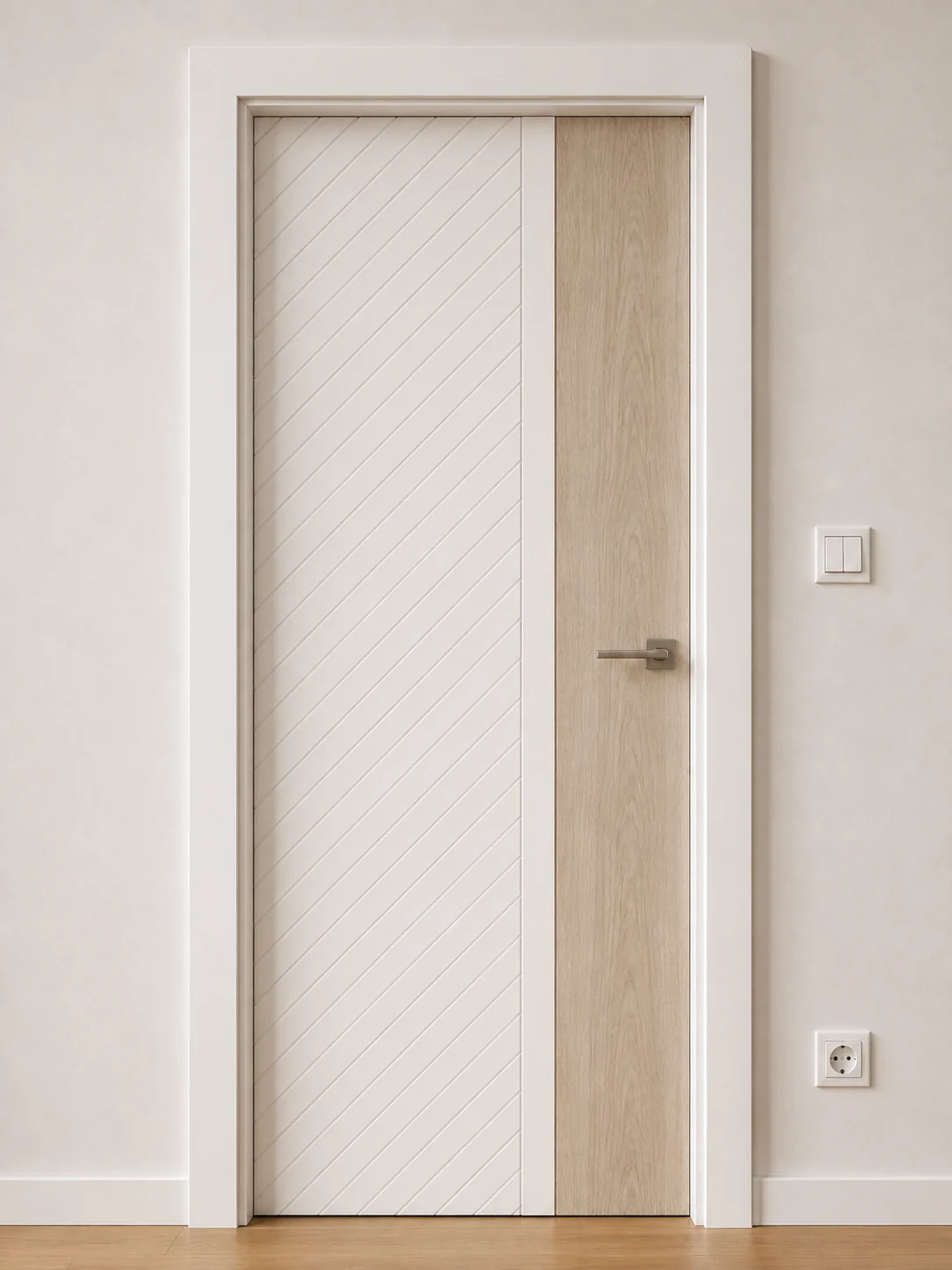 Ușă de interior MC06 – Frezare diagonală și furnir lateral, finisaj B02 Stejar nisip + RAL 9010