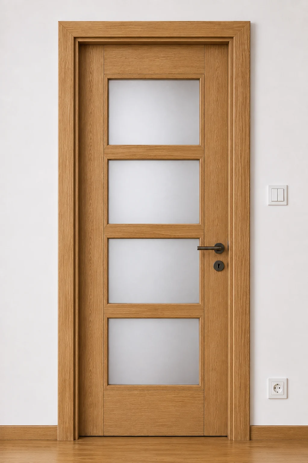 Ușă de interior PG01 – Patru panouri vitrate, finisaj B05 – Stejar auriu, mat