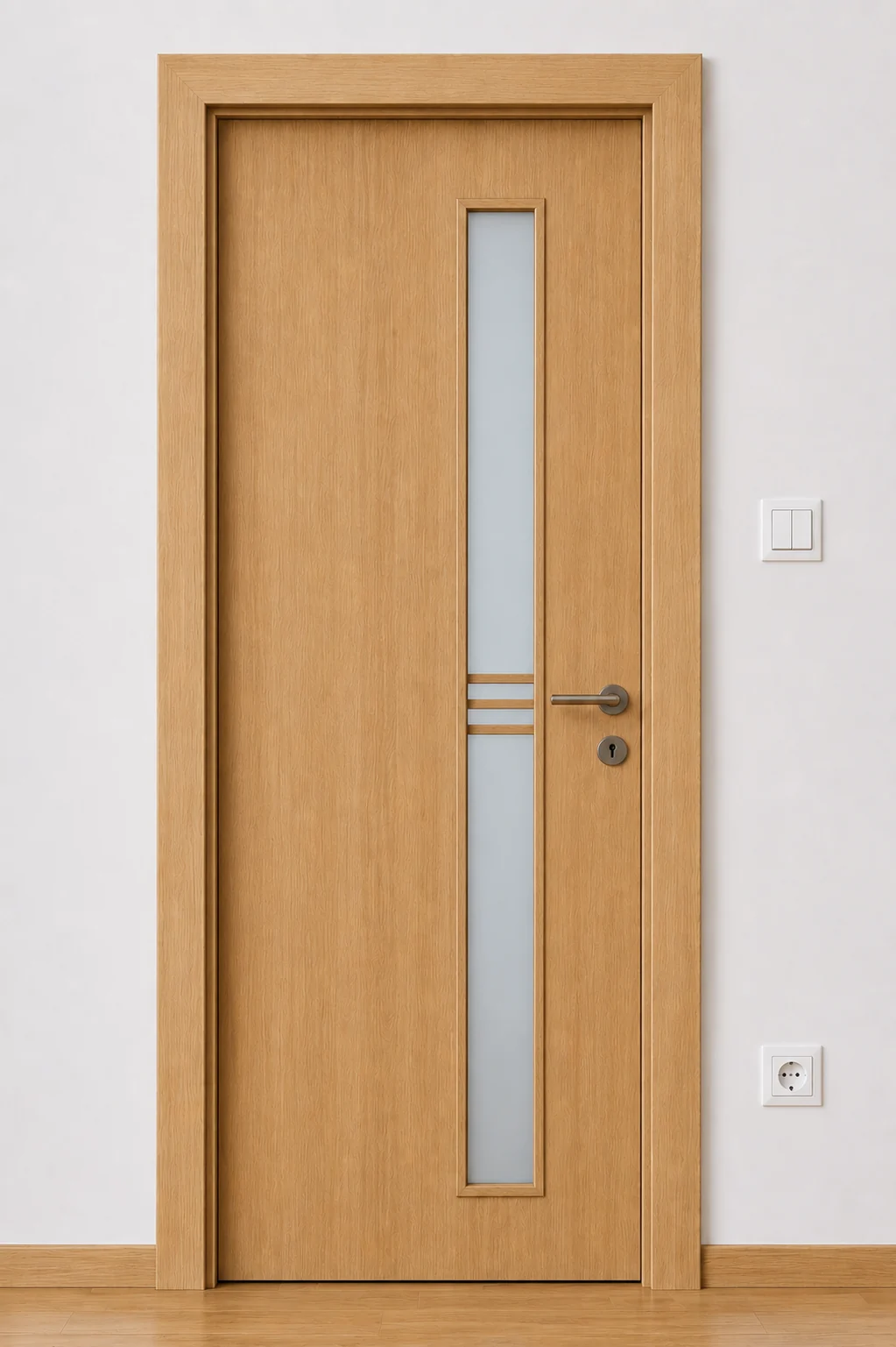 Ușă de interior PV10 – Vitraj vertical cu traverse, finisaj B06 – Stejar chihlimbar, mat